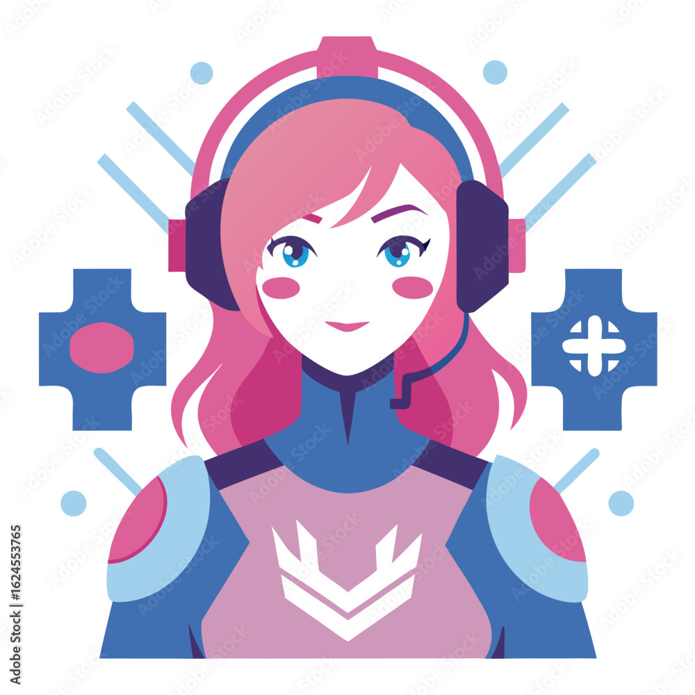 Fototapeta premium Pink-Haired Gamer Girl in Armor with Circuitry and Vector Stylization