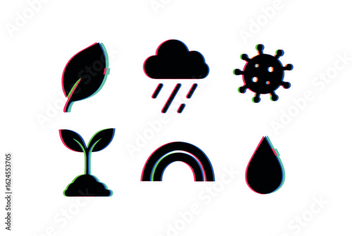 six different glitch effect illustration isolated on white backgorund spring bloom petal spring rain shower spring sapling shoot spring pollen grain spring rainbow arch spring thaw droplet