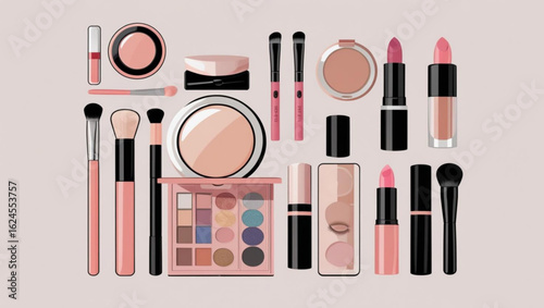 makeup product and brushes arranged on a neutral background 
