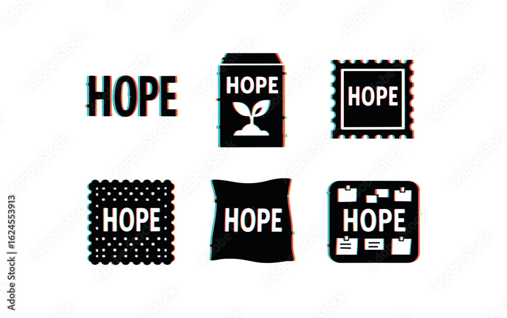 Obraz premium six different glitch effect illustration isolated on white backgorund hope decal hope seed packet kit hope motif stamp hope crochet pattern hope silk scarf hope board kit