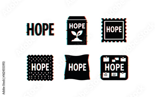 six different glitch effect illustration isolated on white backgorund hope decal hope seed packet kit hope motif stamp hope crochet pattern hope silk scarf hope board kit