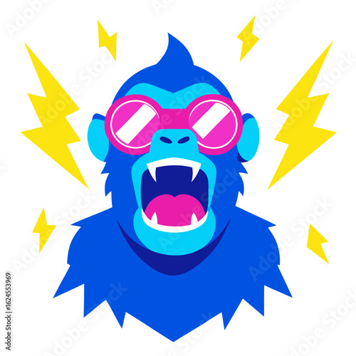 Raging Mutant Ape with Neon Goggles and Lightning Bursts