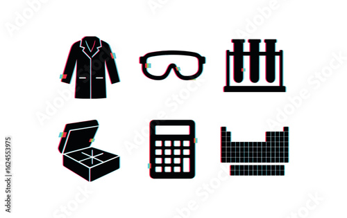 six different glitch effect illustration isolated on white backgorund scientist lab coat apron scientist safety goggles scientist pipette rack scientist microscope slide box scientist