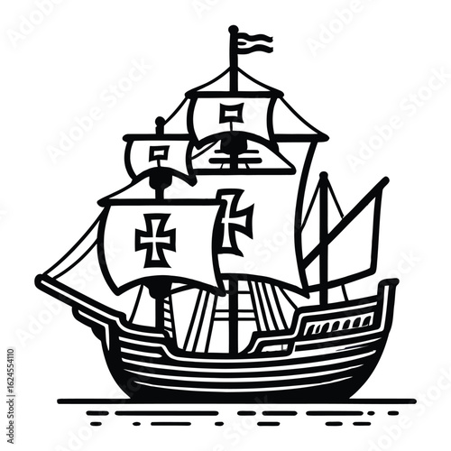 Black and white illustration of a historical sailing ship