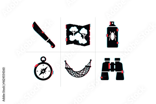 six different glitch effect illustration isolated on white backgorund jungle machete tool jungle canopy map jungle insect repellent spray jungle field compass jungle hammock net jungle