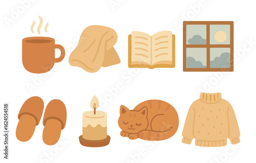 Cozy Morning Icons. Flat vector mini-illustrations cozy morning routine in colors children's illustrations:
