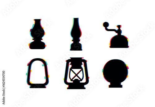 six different glitch effect illustration isolated on white backgorund lantern oil lamp reservoir lantern glass chimney lantern wick trimmer lantern carrying hook lantern rust resistant