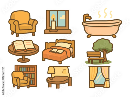 Cozy Reflective Icons. Flat vector mini-illustrations Reflective environments in colors children's