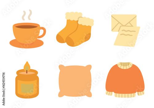 Cozy Comfort Icons. Flat vector mini-illustrations Solitude and comfort items in colors children's