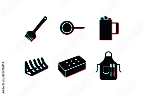 six different glitch effect illustration isolated on white backgorund barbecuing grill brush barbecuing meat thermometer barbecuing charcoal starter barbecuing rib rack barbecuing smoker