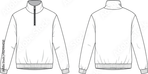 Technical flat sketch of a men's round-neck sweatshirt in brown, featuring raglan sleeves, ribbed cuffs and hem, and prominent side zippers, for stylish casual wear.