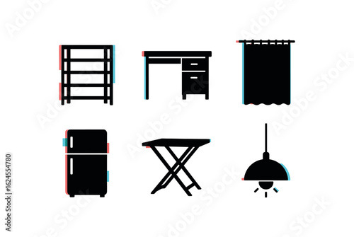 six different glitch effect illustration isolated on white backgorund studio apartment shoe rack studio apartment desk studio apartment curtain divider studio apartment compact refrigerator