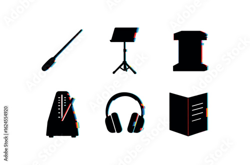 six different glitch effect illustration isolated on white backgorund conductor baton set conductor score stand conductor podium platform conductor rehearsal metronome conductor earphones