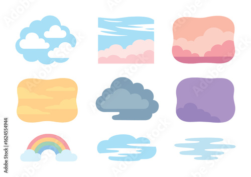 Children's Cloudscape Illustrations. Flat vector mini-illustrations Cloudscape textures in colors children's