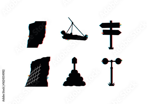 six different glitch effect illustration isolated on white backgorund cliff geological map cliff rescue stretcher cliff trail signpost cliff stabilization net cliff summit marker cliff wind