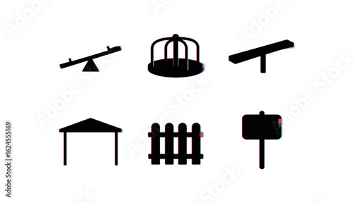 six different glitch effect illustration isolated on white backgorund playground see saw pivot playground merry go round playground balance beam playground shade canopy playground fence
