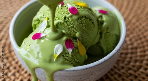 A beautiful and delicious serving of matcha ice cream garnished with dried blossoms, exuding artisanal charm.