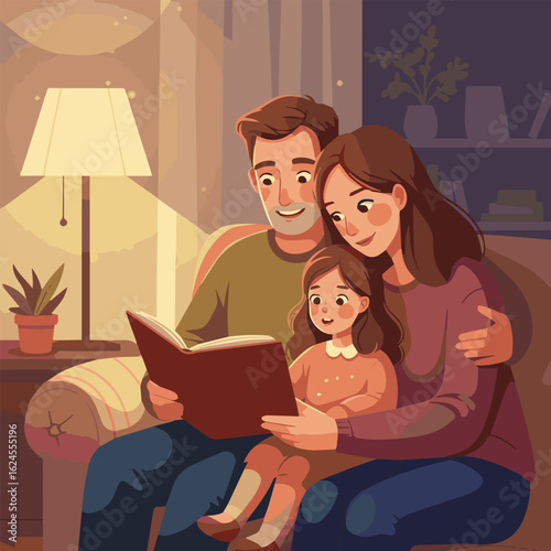  Father reading a storybook to his daughter while the mother cuddles next to them  vector cozy indoor scene 8h6_traced