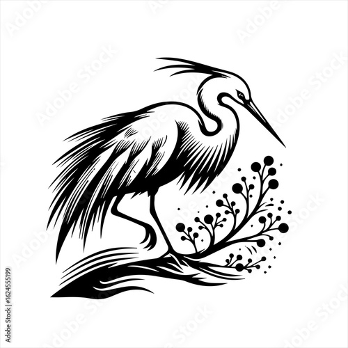 Vector art of elegant heron with decorative elements