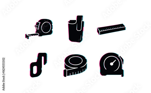 six different glitch effect illustration isolated on white backgorund measuring tape reel measuring tape belt holster measuring tape calibration measuring tape hook clip measuring tape case