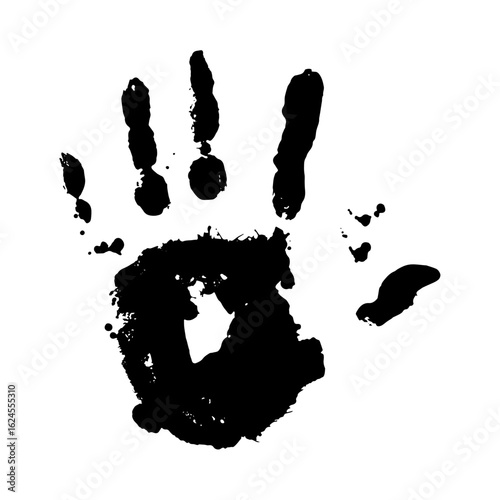 Black ink handprint with visible fingers and palm impression on a plain white background surface art