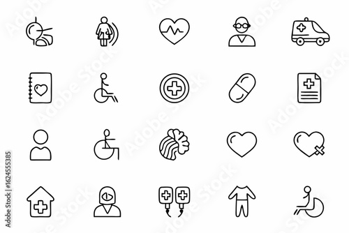 A medical-focused icon bundle illustrating professional services and support systems for people with disabilities. Perfect for clinics, hospitals, and assistive technology platforms
