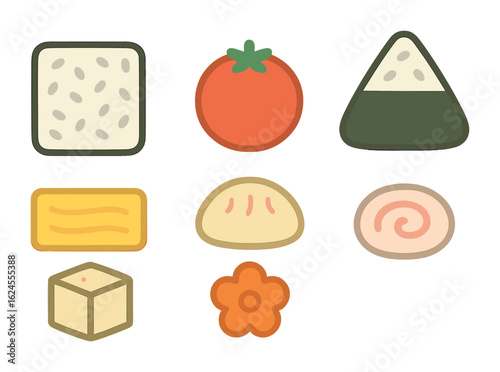 Colorful Bento Shapes. Flat vector mini-illustrations Bento box geometry in colors children's illustrations: