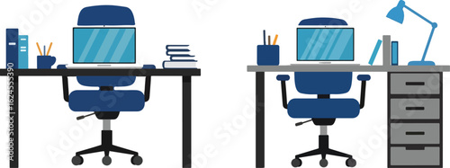 Two flat design office desks with computers and chairs