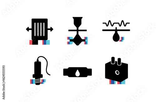 six different glitch effect illustration isolated on white backgorund microfluidic separation module electroosmotic pump microfluidic separation module sheath flow adapter microfluidic