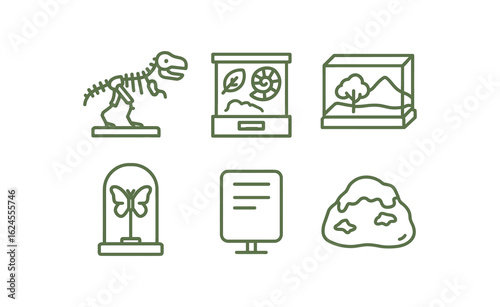 simple outline stroke icon items museum interior (natural history): dinosaur skeleton fossil case diorama scene glass mount placard ambient moss monoline icons style isolated on white