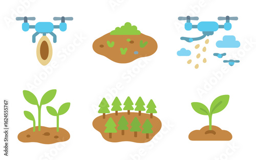 Drone Tree Planting. Flat vector mini-illustrations Tree planting by drones in colors children's illustrations