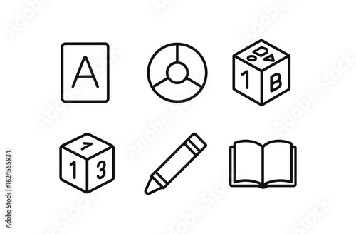simple outline stroke icon items early childhood (learning): alphabet card color wheel shape sorter number cube drawing crayon book monoline icons style isolated on white background