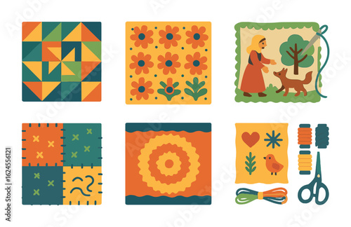 Fabric Storytelling Icons. Flat vector mini-illustrations Folk storytelling through fabric art in colors