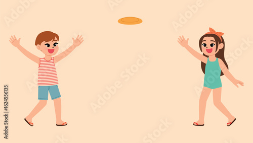 happy kid playing frisbee together, beach disc game, boy and girl on the beach for summer vacation, young people with outdoor activity illustration
