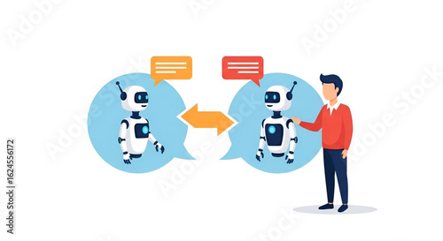 A man interacts with two robots, engaging in a conversation via speech bubbles.