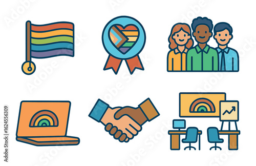 Inclusive Business Icons. Flat vector mini-illustrations LGBTQ+ inclusion in business settings in colors
