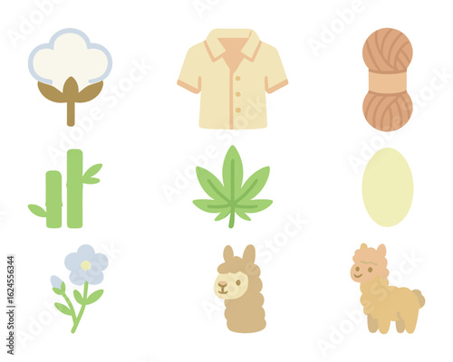Natural Fabrics Icons. Flat vector mini-illustrations Natural fabrics used in slow fashion in colors