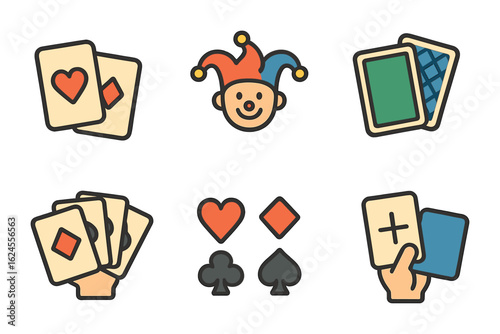 Kids' Card Game Icons. Flat vector mini-illustrations of card games for kids in colors children's