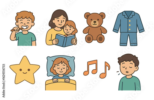 Children's Bedtime Routine Icons. Flat vector mini-illustrations of children’s sleep routines in colors