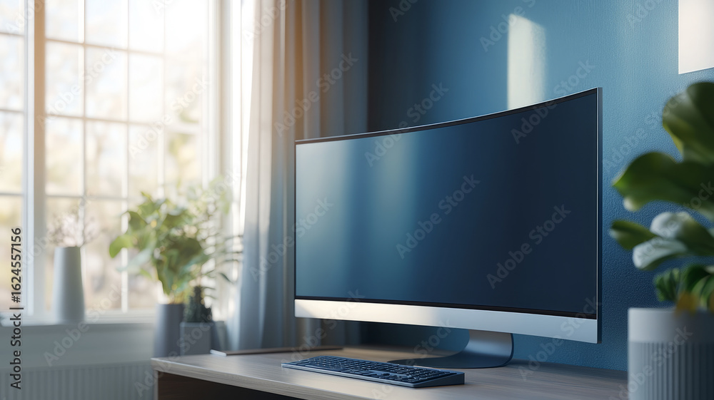 Fototapeta premium Curved monitor on a desk in a modern home office.