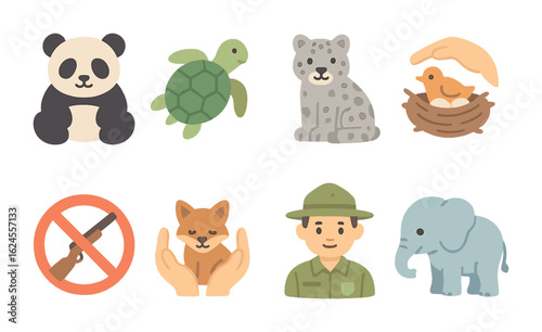 Endangered Species Icons. Flat vector mini-illustrations endangered species protection in colors children's