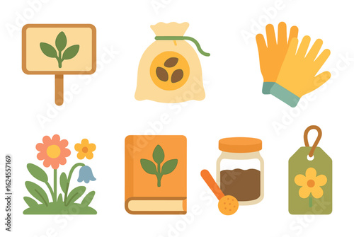 Children's Nature Icons. Flat vector mini-illustrations native plant conservation in colors children's