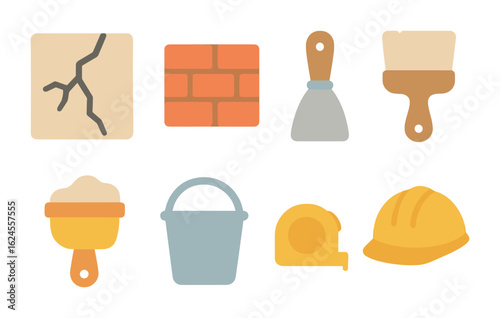 Children's Wall Restoration Icons. Flat vector mini-illustrations home wall restoration in colors children's