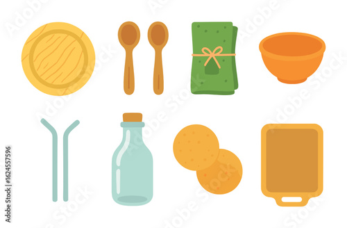 Sustainable Dining Icons. Flat vector mini-illustrations sustainable dining setup in colors children's
