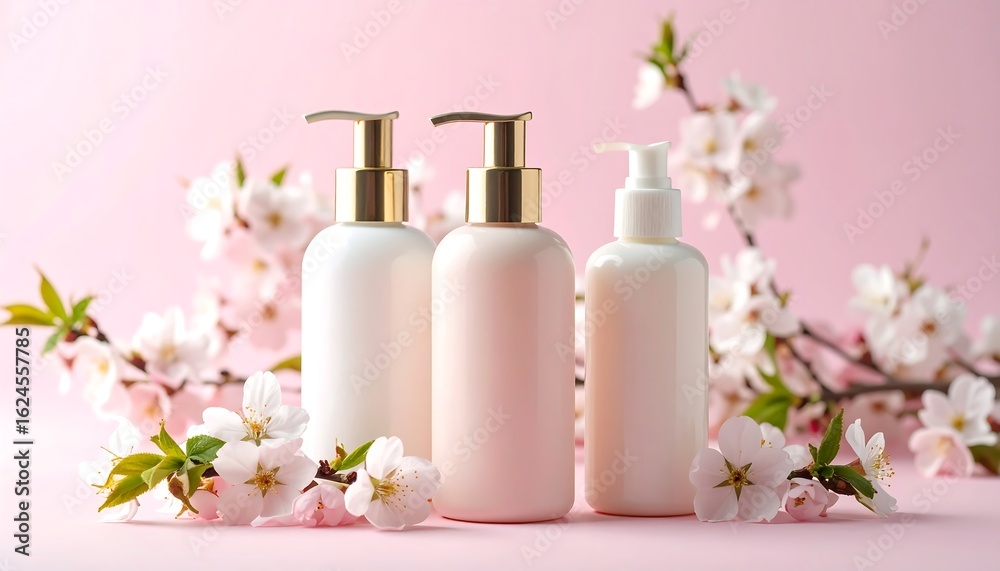 Elegant Skincare Bottles with Cherry Blossoms on Pink Background, Soft Lighting. Elegant Skincare Bottles with Cherry Blossoms on Pink Background, Soft Lighting.