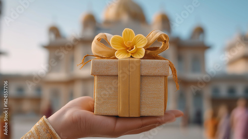 Gift of the Golden City: A meticulously crafted, ornate gift box is presented, its elegant bow and flower a delicate counterpoint to the backdrop.