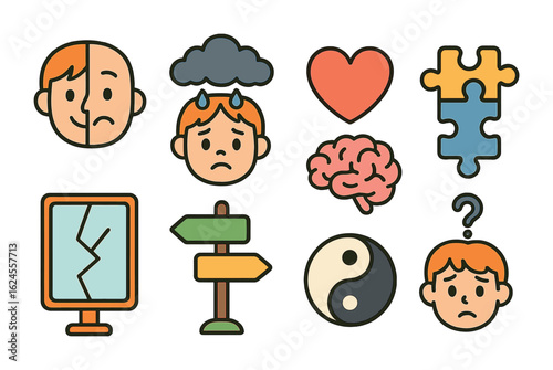 Inner Conflict Icons. Flat vector mini-illustrations inner conflict in colors children's illustrations: split