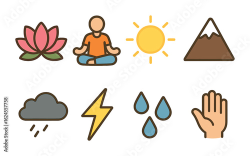 Peace and Chaos Icons. Flat vector mini-illustrations inner peace vs chaos in colors children's illustrations:
