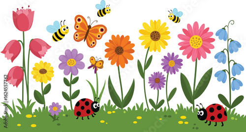 Charming cartoon garden scene with colorful flowers buzzing bees butterflies and ladybugs isolated on transparent background