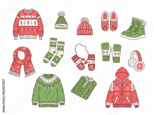 Vector set of Christmas and winter clothing illustrations in minimalistic hand drawn doodle style. Colorful festive collection with red and green sweaters, scarves, mittens, gloves, wool socks, hats